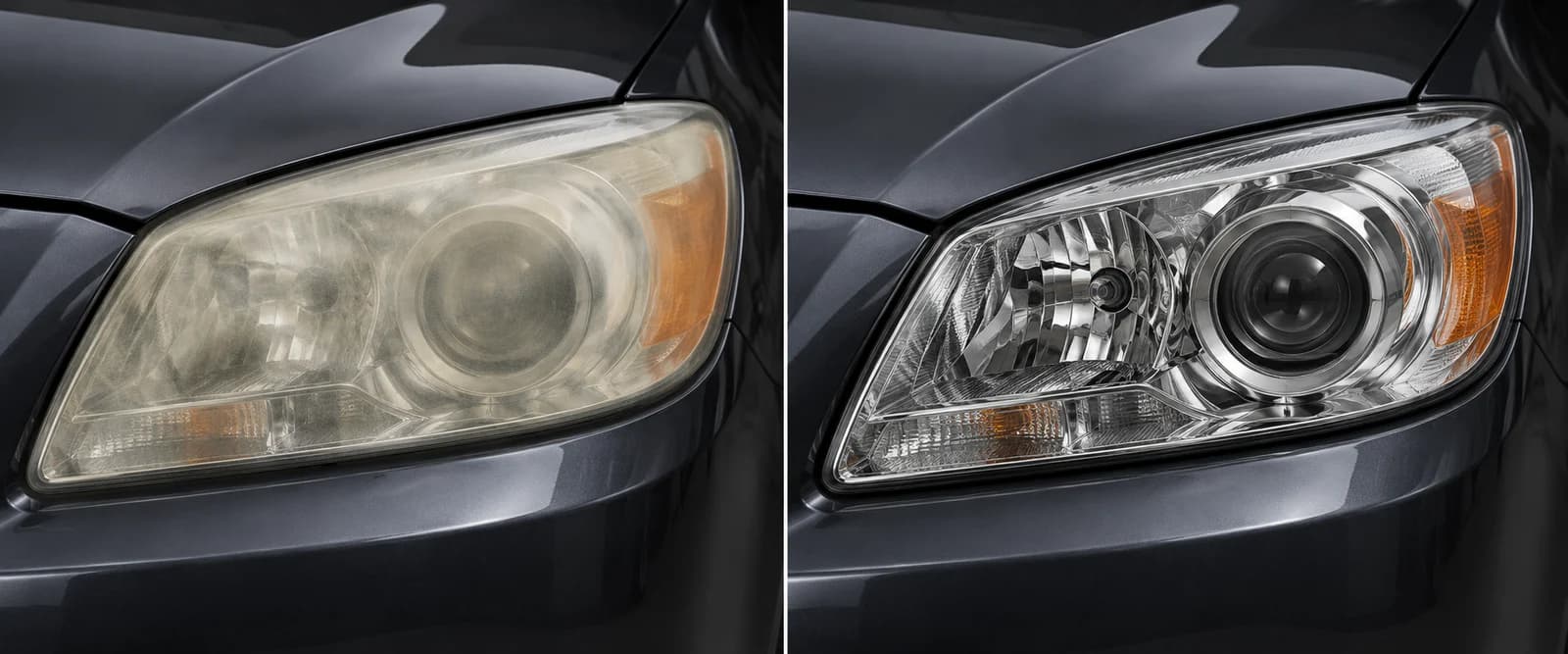 AI illustration of a cloudy headlight beside the same lens restored to clarity